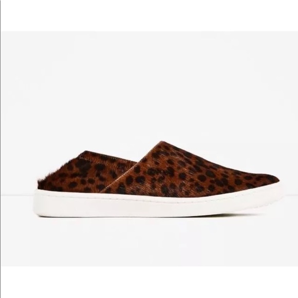 New Zara Cheetah Print Leather Hair On Brown Sneaker 7.5 Foldable Heel Women - Picture 2 of 7